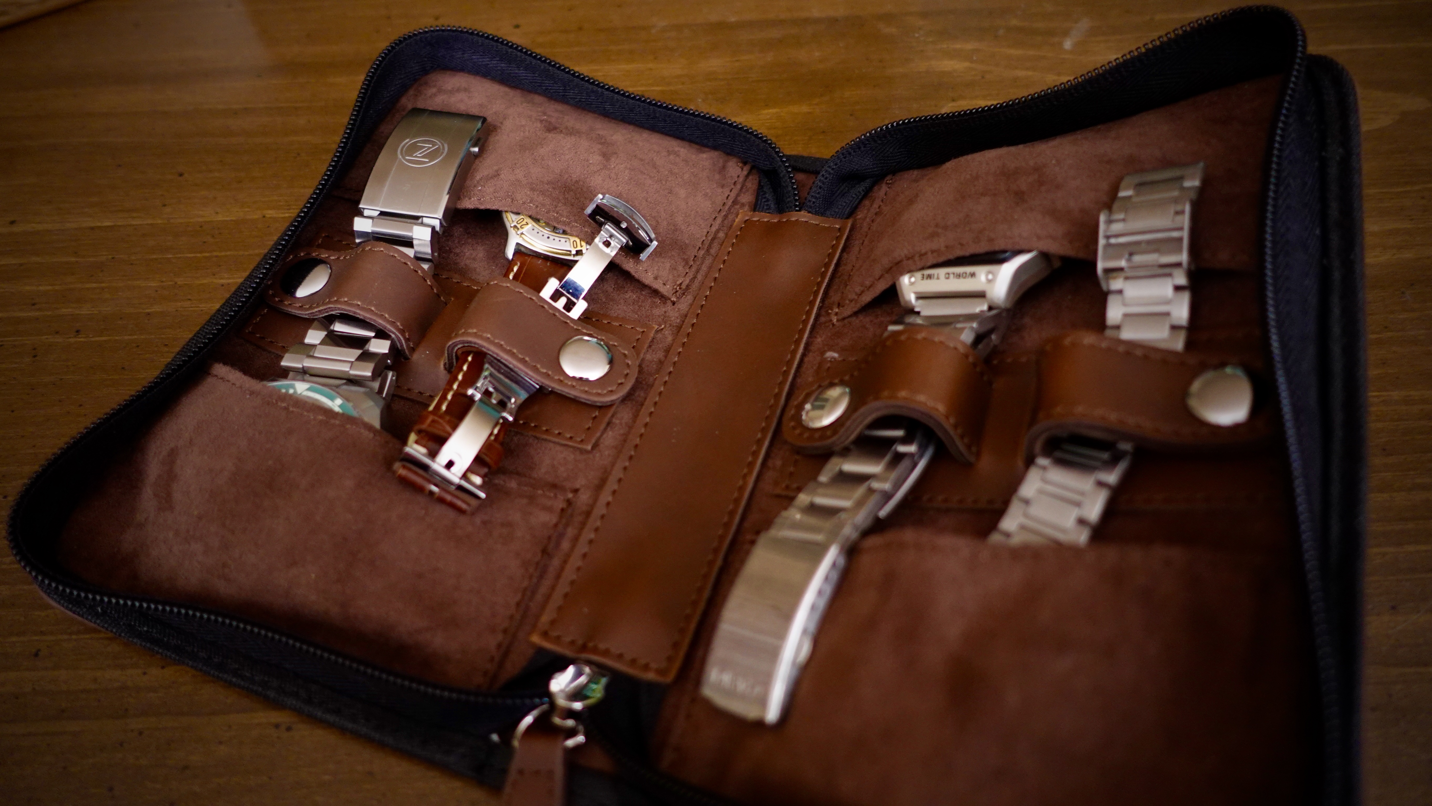 Zelos travel case with four watches in it